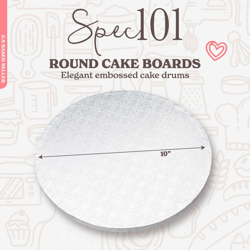 Spec101 Round Cake Boards Bulk 12pk - 10 Inch Cake Drum Round White Cardboard Base with 1/2 Inch Thick Smooth Foil Edge - Image 2